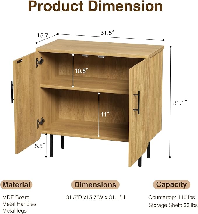 Set of 2 Fluted Natural Storage Cabinets, Modern 2-Door Sideboard Buffet Cabinet with Adjustable Shelves and Metal Legs, Accent Cabinet for Kitchen, Living Room, Entryway (Natural & Black)