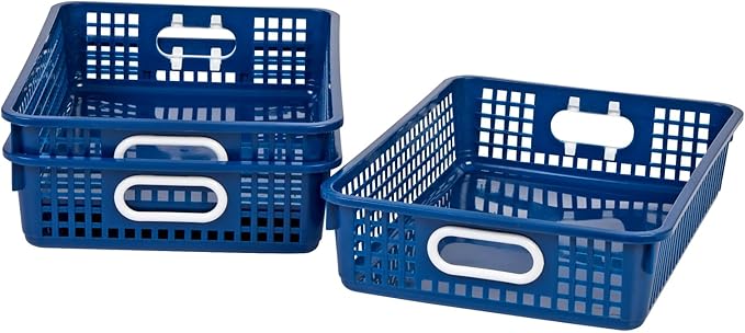 Really Good Stuff Paper Basket, 14" x 10" x 3-1/4" - 6 Pack, Navy, Plastic Mesh Paper Basket for Classroom, Home and Office, Fits A4 Paper, Documents, Files, Magazines