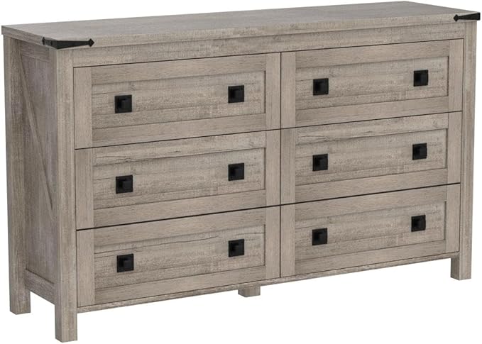 T4TREAM Farmhouse 6 Drawers Dresser for Bedroom, Wood Rustic Wide Chest of Drawers, Storage Dressers Organizer for Bedroom, Living Room, Hallway, Light Rustic Oak