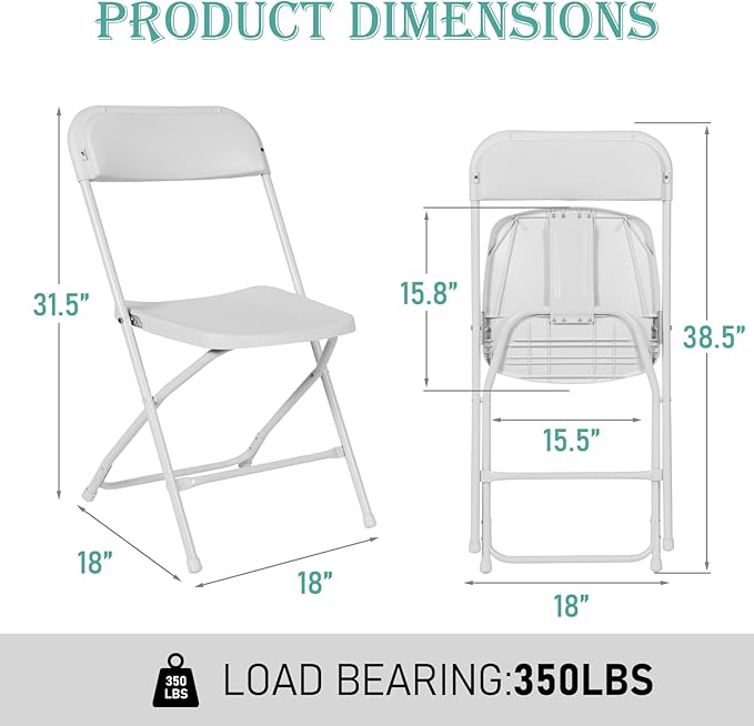 100 Pack Plastic White Folding Chairs, Portable Stackable Commercial Party Folding Chairs with Steel Frame 350lbs for Home Office Outdoor Indoor Office Wedding Party Event