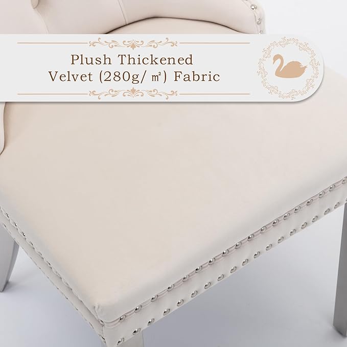 Velvet Upholstered Dining Chairs Set of 2, Modern Style Kitchen Side Chairs with Nailhead Trim and Silver Plated Leg, Metal Pulling Ring for Dining Room Living Room(Creamy White)