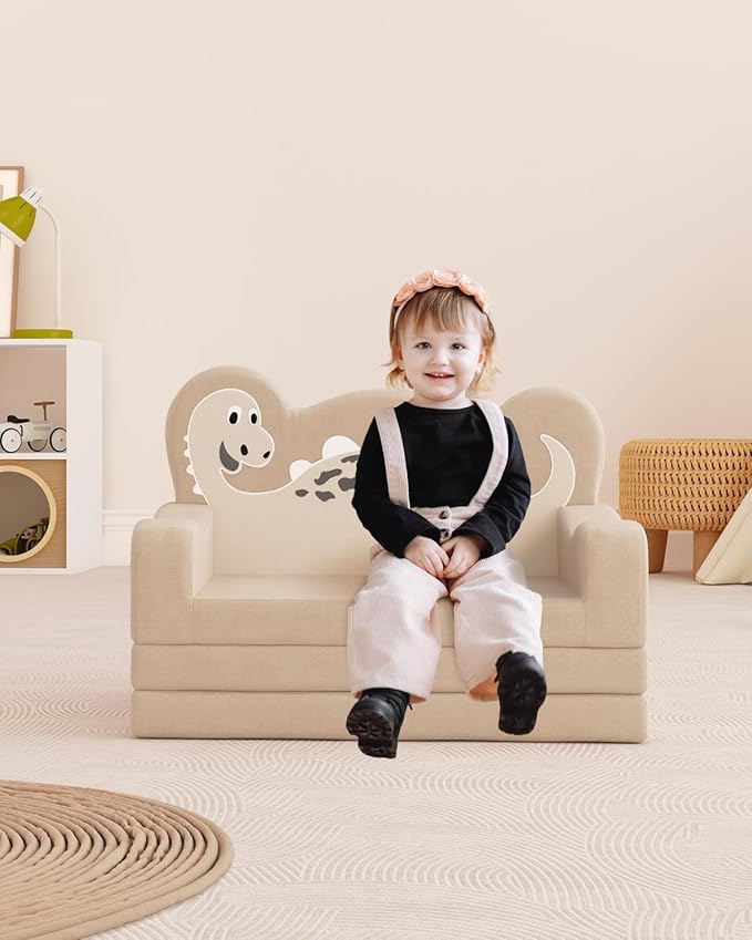 YACODAVO 2-in-1 Kids Couch Fold Out, Convertible Toddler Couch to Lounger, Toddler Chair Comfy, Kids Sofa for Girls and Boys, Gift for Birthday, Children's Day, Dinosaur Beige