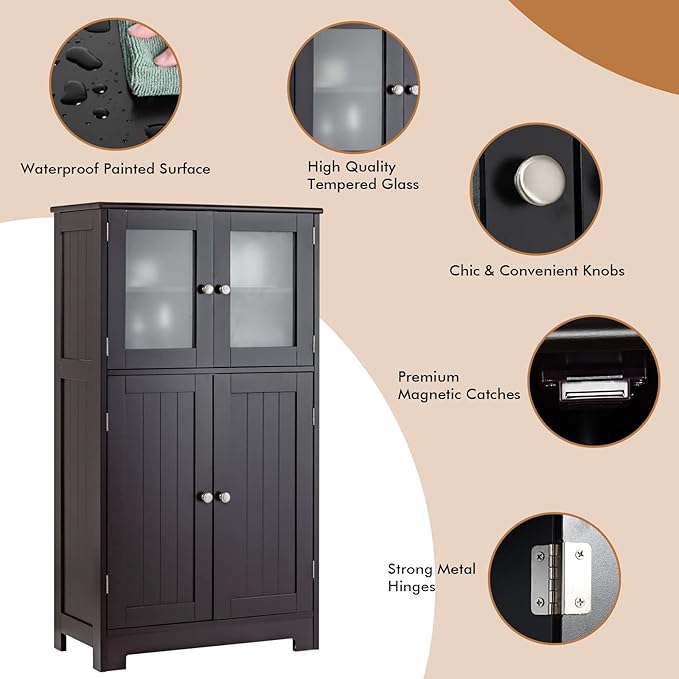 LOKO Bathroom Floor Cabinet, Storage Organizer with Glass Doors, Wooden Kitchen Cupboard with Adjustable Shelf, Versatile Floor Storage Cabinet for Bathroom, Living Room & Kitchen (Brown)