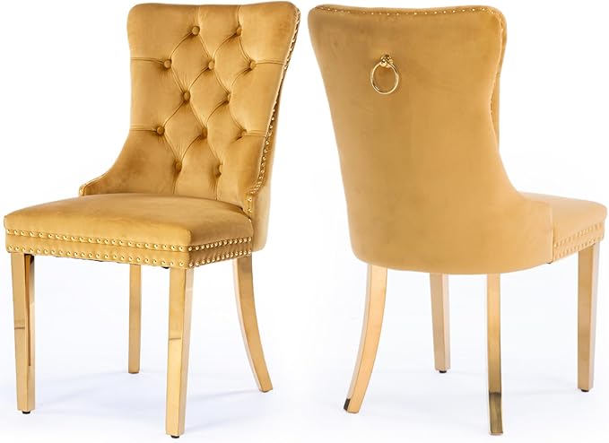 Velvet Upholstered Dining Chairs Set of 2, Modern Style Kitchen Side Chairs with Nailhead Trim and Gold Plated Leg, Metal Pulling Ring for Dining Room Living Room(Gold-Gold Plated Leg)