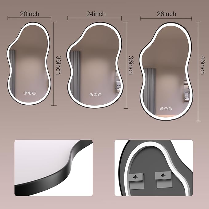 WTTY LED Irregular Bathroom Mirror 24x36 Inch with Front & Back Lights - Asymmetrical Design, Anti-Fog, Dimmable 3 Color Temperatures, Shatterproof Glass, Horizontal or Vertical Mount (Black Frame)