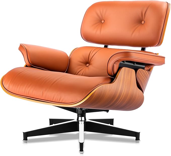 Top Grain Leather, Mid Century Chaise Lounge Chair and Ottoman, Modern Chair Classic Design, Heavy Duty Base Support for Living Room Study Lounge Office, Palisander-Brown