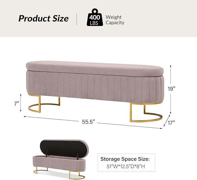 EcoHarbor Living 55.5" Storage Bench Ottoman End of Bed Bench Bedroom Bench, Upholstered Velvet Long Window Bench Large King Size with Gold Legs, Flipping Lid Entryway Footrest (Pink)