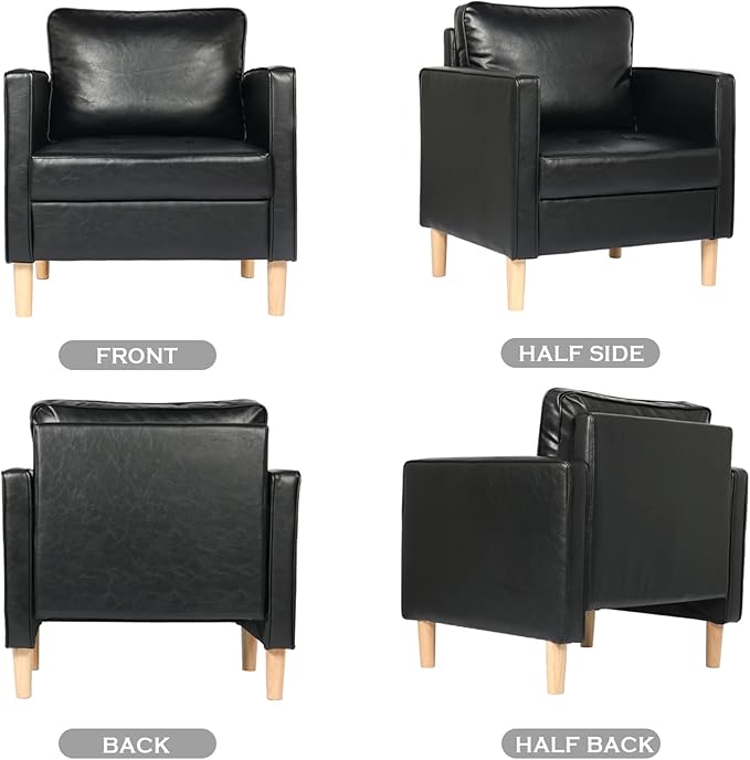 STHOUYN Black Faux Leather Accent Chairs Set of 2 Small Living Room Bedroom Chairs, Comfy Reading Chair Single Sofa for Adults, Suitable Small Spaces Office Couch, Easy Assembly