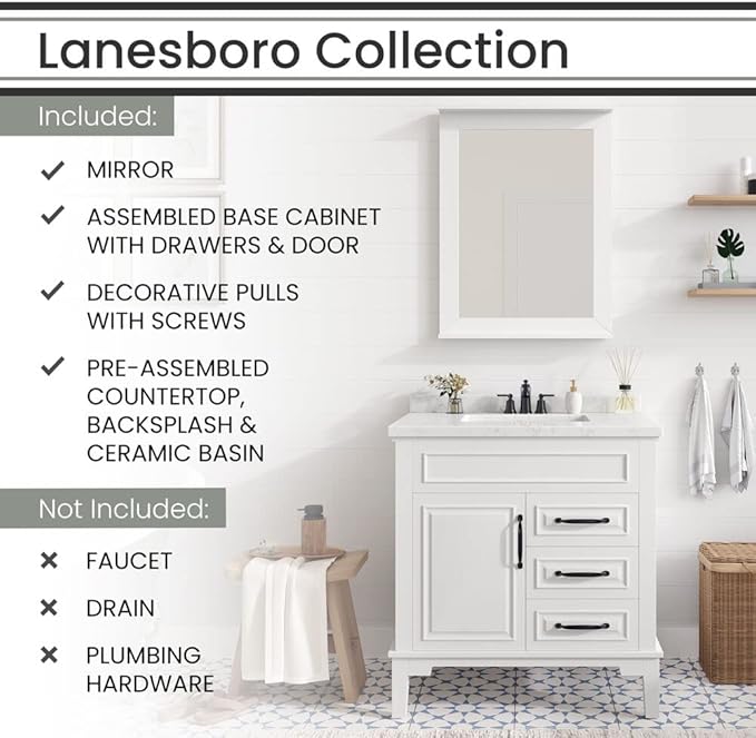 Hanover 31 Set Includes w, White Lanesboro 31'' Vanity Sink Combo for Bathroom, Powder Room | Pre-Assembled 1 Door, 3 Drawers | Accent Mirror | Artificial Stone Countertop, Cabinet, 31 inches