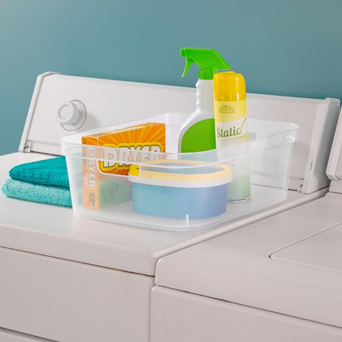 Sterilite 5.25 x 12.25 x 15 Inch Medium Modern Storage Bin w/Comfortable Carry Through Handles & Banded Rim for Household Organization, Clear 16 Pack