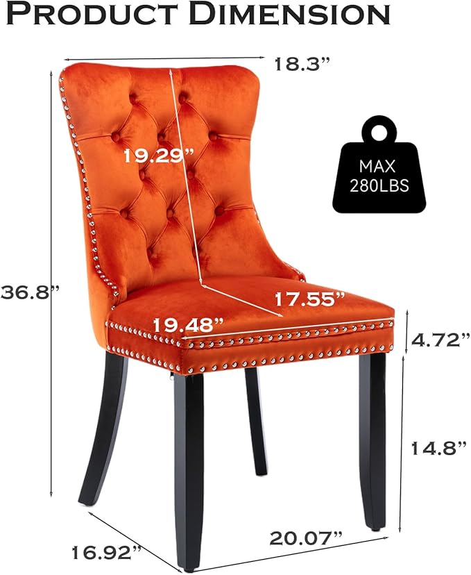 Velvet Upholstered Dining Chairs Set of 6, Modern Style Kitchen Side Chairs with Nailhead Trim and Wood Legs,Metal Pulling Ring for Dining Room Living Room(Orange,Set of 6)