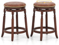 COSTWAY Round Swivel Wooden Bar Stools Set of 2, 24-inch Upholstered Backless PU Leather Farmhouse Counter Chairs with Footrest, Decorative Rivets for Kitchen Island, Dining Room, Walnut
