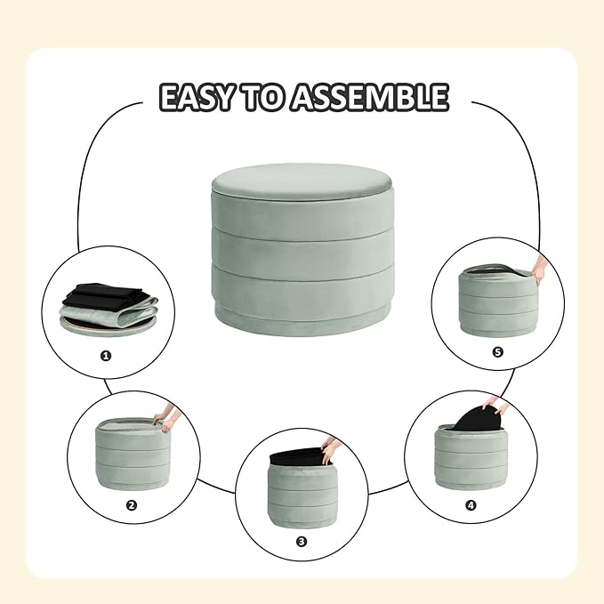 PINPLUS Large Round Velvet Storage Ottoman, Sage Upholstered Footstool with Hidden Storage, Sturdy Coffee Table Ottoman for Living Room & Bedroom