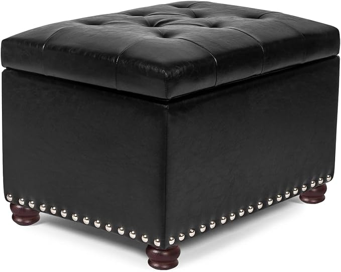 24'' Leather Storage Ottoman Rectangular Foot Rest Stool with Nailhead Trim Chests & Storage Room Organizer for Bedroom Living Room(Black)