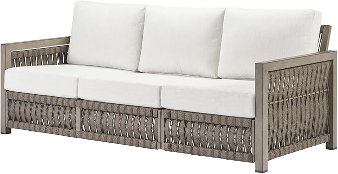 3 Seats Outdoor Sofa, Aluminum Patio Sofas with Washable Cushions, 3-Seater Rope Weave Outside Patio Couch, Deep Seating Outdoor Sofa Furniture for Garden, Decks, Porch, Balcony, Gray Oak