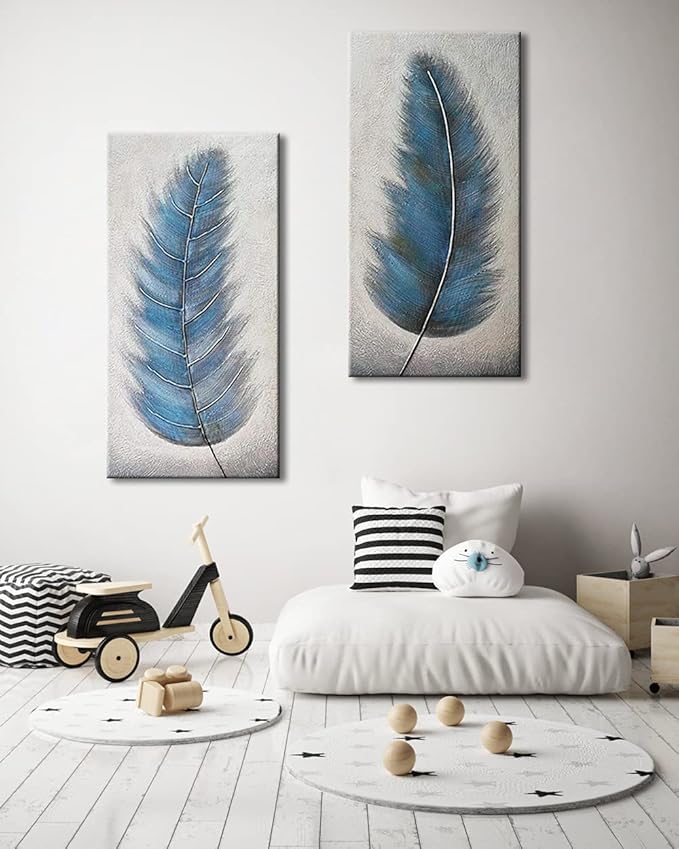 Wieco Art Blue Feathers Abstract Paintings Wall Art on Canvas Mordern Canvas Wall Art for Living Room Bedroom Wall Decor Contemporary Artwork for Home Decorations