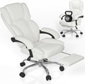Big and Tall Office Chair, Executive Home Office Desk Chair, Leather Computer Chair with Retractable Footrest, Adjustable Headrest and Reclining Height, Padded Arms, 360°Swivel Free, Wide Seat, White