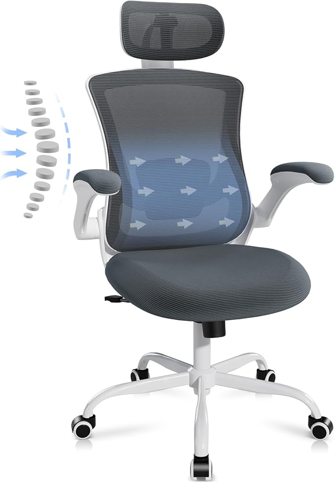 Ergonomic Office Chair with Adjustable Lumbar Support & Headrest, High Back Mesh Desk Chair with Flip-Up Armrests, Breathable & Comfortable Computer Chair for Home, Office & Study –Grey