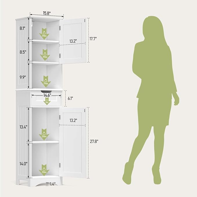 Gizoon 67" H Tall Bathroom Cabinet, Storage Cabinet with 2 Doors & Drawer, Narrow Bathroom Storage Cabinet Freestanding Adjustable Shelves for Home, Kitchen, Versatile, Anti-Tipping, White