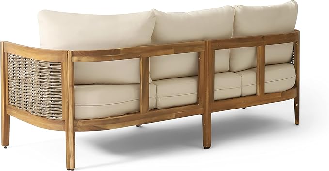 Christopher Knight Home Burchett Outdoor 3 Seater Sofa with Cushions - Acacia Wood and Round Wicker - Teak/Mixed Brown/Beige