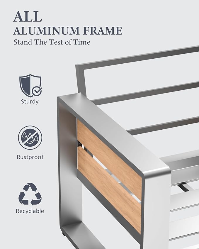 ZANDOR Outdoor Aluminum Patio Furniture - 1 Pcs 3-Seat, All-Weather Metal Modern Outside Sofa with Washable Thick Cushion for Garden/Backyard/Porch, Silver