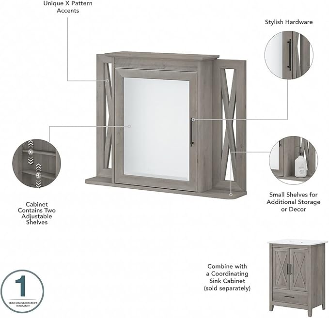 Bush Furniture Key West 32W Bathroom Vanity Sink with Mirror and Over The Toilet Storage Cabinet in Driftwood Gray
