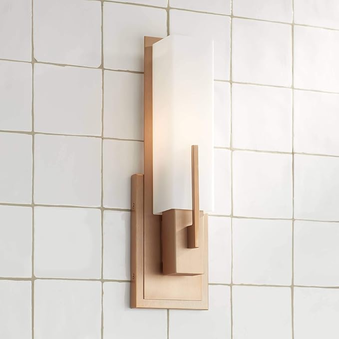 Possini Euro Design Midtown Modern Wall Sconce Lighting Burnished Brass Hardwired 15" High Fixture Rectangular White Glass for Bedroom Bathroom Bedside Living Room Home Hallway Dining Kitchen