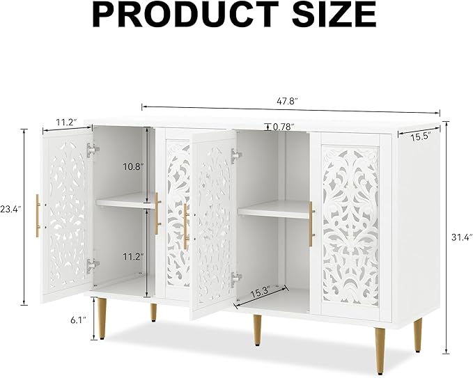 ARTPOWER 47.8" Accent Cabinet with 4 Doors, Vintage Hollow Carving Buffet Cabinet, Sideboards and Buffets with Storage, Credenza for Living Room, Kitchen, Dining Room, Entryway, Hallway, White