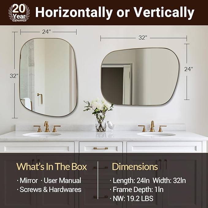 ANDY STAR Gold Bathroom Mirror, 24"x32" Brushed Brass Asymmetrical Wall Mirror in Stainless Steel Metal Frame, Unique Vanity Mirror with Modern Curved Design, Ideal for Bathroom, Bedroom, Entryway