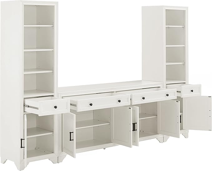Crosley Furniture Tara 3-Piece Modern Farmhouse Sideboard Buffet Cabinet and Bookcase Set with Storage, Distressed White