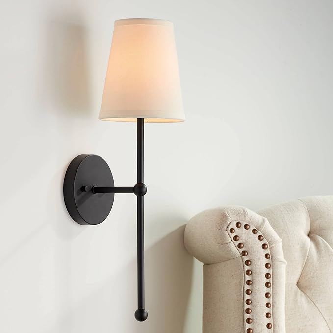 Possini Euro Design Elena Modern Wall Light Sconces Set of 2 Matte Black Metal Hardwired 6" Fixture Cream Linen Tall Drum Shade for Bedroom Living Family Room Home Hallway Dining