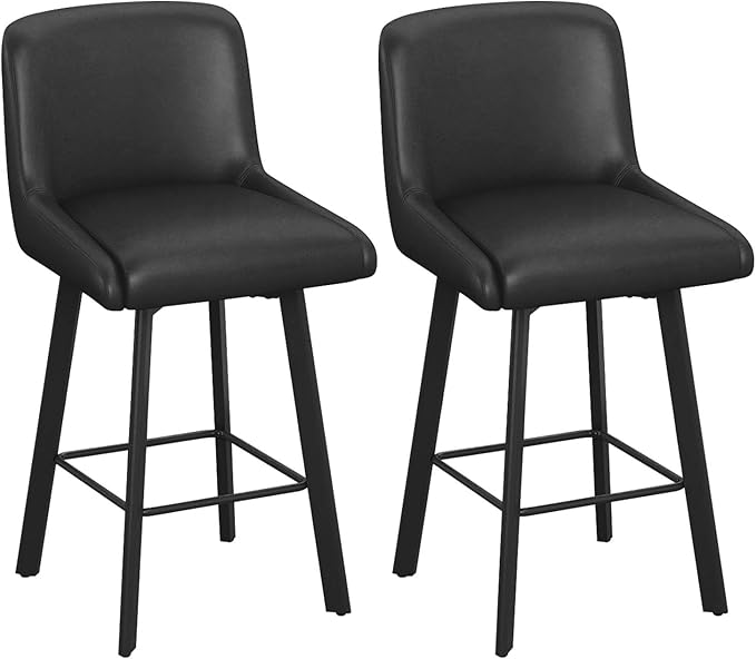 Swivel Bar Stools, 26''H Upholstered Barstools with Backs, Modern Counter Height Bar Stool Chairs for Kitchen Island, Metal Legs (Black- Faux Leather, Set of 2-26" H)