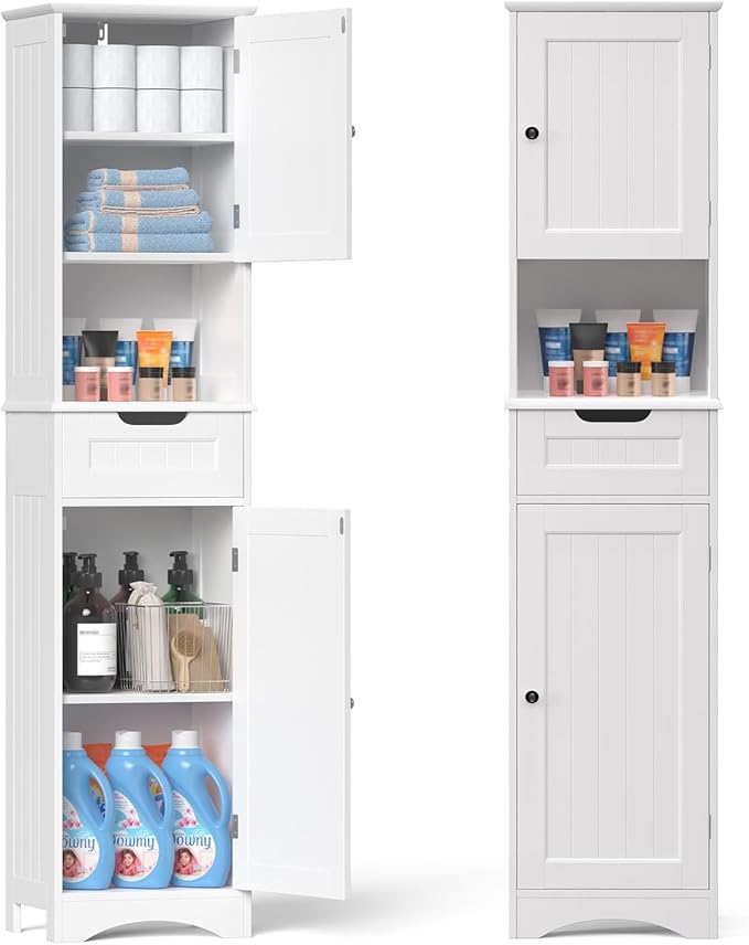 Gizoon 67" H Tall Bathroom Cabinet, Storage Cabinet with 2 Doors & Drawer, Narrow Bathroom Storage Cabinet Freestanding Adjustable Shelves for Home, Kitchen, Versatile, Anti-Tipping, White
