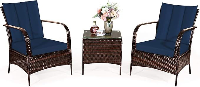COSTWAY 3 Pieces Patio Rattan Furniture Set, Outdoor Conversation Chair Set with Coffee Table & 2 Cushions for Backyard, Porch, Poolside, Lawn, Garden, Navy