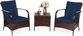 COSTWAY 3 Pieces Patio Rattan Furniture Set, Outdoor Conversation Chair Set with Coffee Table & 2 Cushions for Backyard, Porch, Poolside, Lawn, Garden, Navy