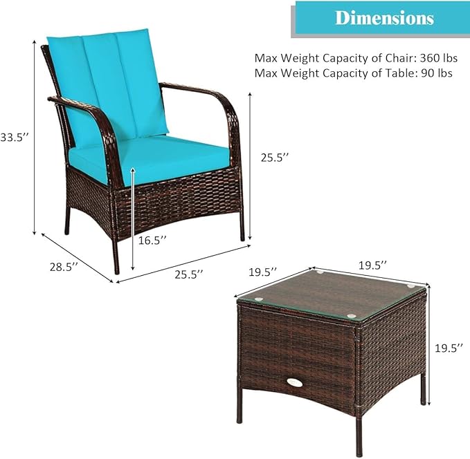 COSTWAY 3 Pieces Patio Rattan Furniture Set, Outdoor Conversation Chair Set with Coffee Table & 2 Cushions for Backyard, Porch, Poolside, Lawn, Garden, Turquoise