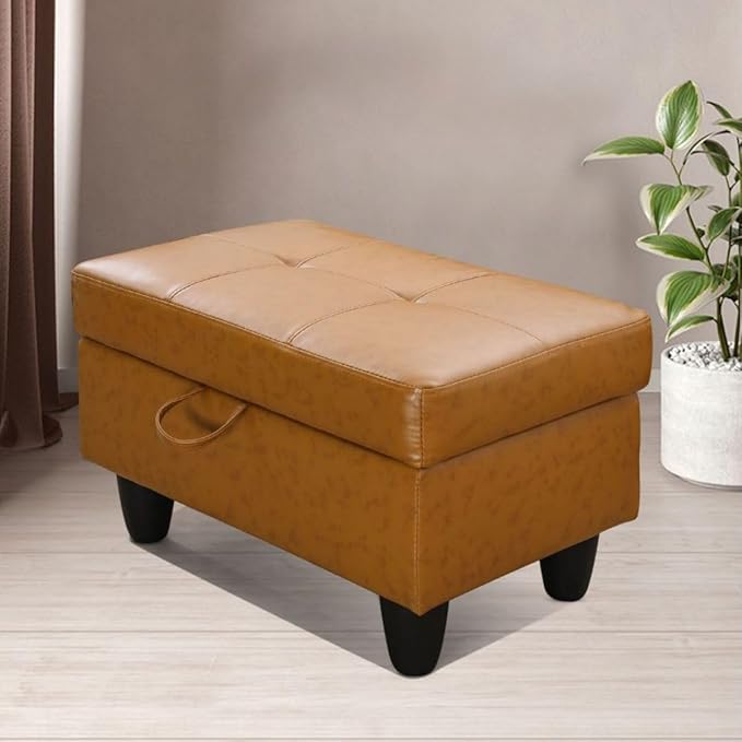 Ottoman Storage Ottoman Bench Faux Leather Footrest Footstool with Hinged Lid for Living Room, Bedroom, Entryway, Ginger, 28.5"X19"X17.5"