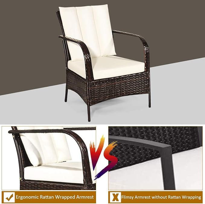 COSTWAY 3 Pieces Patio Rattan Furniture Set, Outdoor Conversation Chair Set with Coffee Table & 2 Cushions for Backyard, Porch, Poolside, Lawn, Garden, White