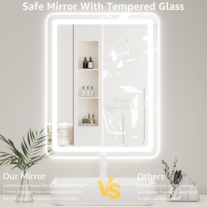 48" x 30" Led Bathroom Mirror with Lights, Anti-Fog & Tri-Color Lighting - Wall Mounted Shaving Mirror with Touch Sensor, Waterproof & Smart LED Vanity Mirror,Tempered Glass, Dimmable Smart Mirror