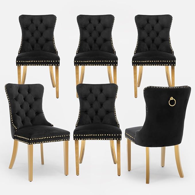 Velvet Upholstered Dining Chairs Set of 6, Modern Style Kitchen Side Chairs with Nailhead Trim and Gold Plated Leg, Metal Pulling Ring for Dining Room Living Room(Black, Set of 6)