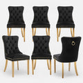 Velvet Upholstered Dining Chairs Set of 6, Modern Style Kitchen Side Chairs with Nailhead Trim and Gold Plated Leg, Metal Pulling Ring for Dining Room Living Room(Black, Set of 6)