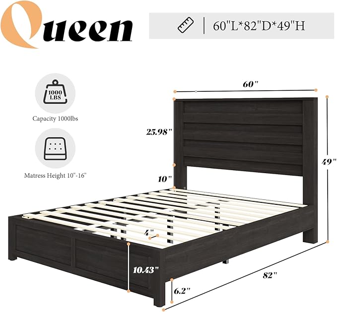 AMERLIFE Farmhouse Queen Size Bed Frame with 49" Tall Headboard, Platform Bed with Natural Wood Grain, No Box Spring Needed/Noise Free, Black