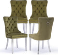 Velvet Upholstered Dining Chairs Set of 4, Modern Kitchen Side Chairs with Nailhead Trim and Silver Plated Leg, Metal Pulling Ring for Dining Room Living Room(Olive Green-Silver Plated Leg)
