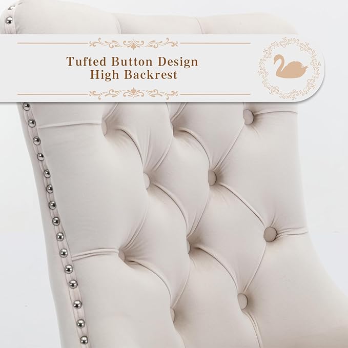 Velvet Upholstered Dining Chairs Set of 6, Modern Style Kitchen Side Chairs with Nailhead Trim and Silver Plated Leg, Metal Pulling Ring for Dining Room Living Room