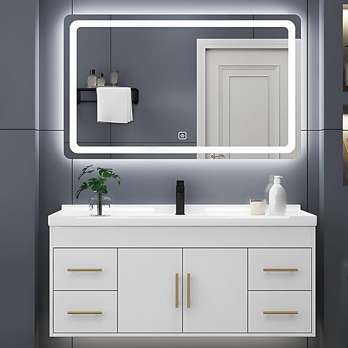 72IN Modern Bathroom Vanity - LED Intelligent Mirror Cabinet Includes Time Display & Defogging | Bathroom Cabinet with Sink & Open Storage Compartments, Ceramic Washbasin, 4 Drawers (Style B)