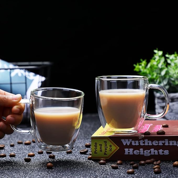 CNGLASS Insulated Espresso Glass Mugs 5.4oz/160ml, Small Clear Coffee Mugs Set of 6, Double Wall Glass Cups with Handle for Tea and Macchiato