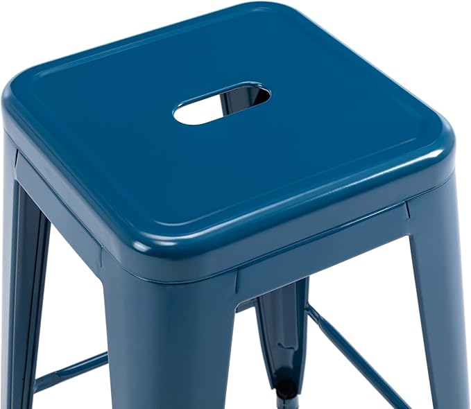Vogue Furniture Direct 24 Inch Metal Bar Stools, Backless Counter Height Barstools, Indoor Outdoor Stackable Stools with Square Seat, Set of 2 (Deep Blue)
