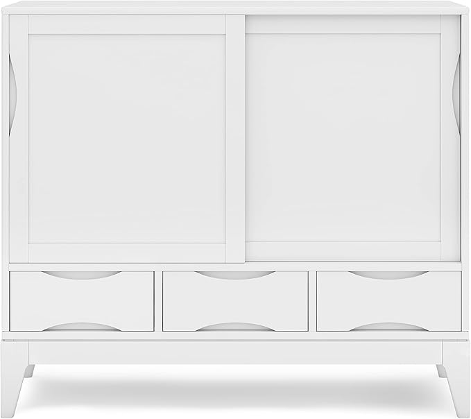 SIMPLIHOME Harper Medium Storage Cabinet - 48 inch Wide Solid Hardwood Sliding Door Cabinet in White, Mid-Century Modern Cupboard for Living Room or Entryway with 3 Drawers and Tapered Legs