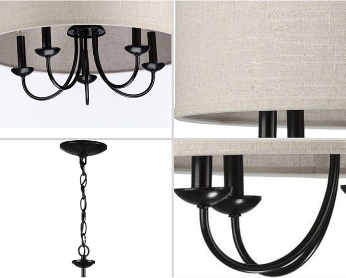 Progress Lighting Drum Shade Collection Five-Light Chandelier, Farmhouse Style Hanging Ceiling Light Fixture for Dining Rooms, Foyers, Harvest Linen Shade, Matte Black