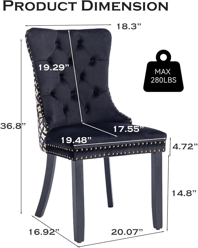 Velvet Upholstered Dining Chairs Set of 6, Modern Style Kitchen Side Chairs with Nailhead Trim and Wood Legs,Metal Pulling Ring for Dining Room Living Room(Quadrangular Star&Black)
